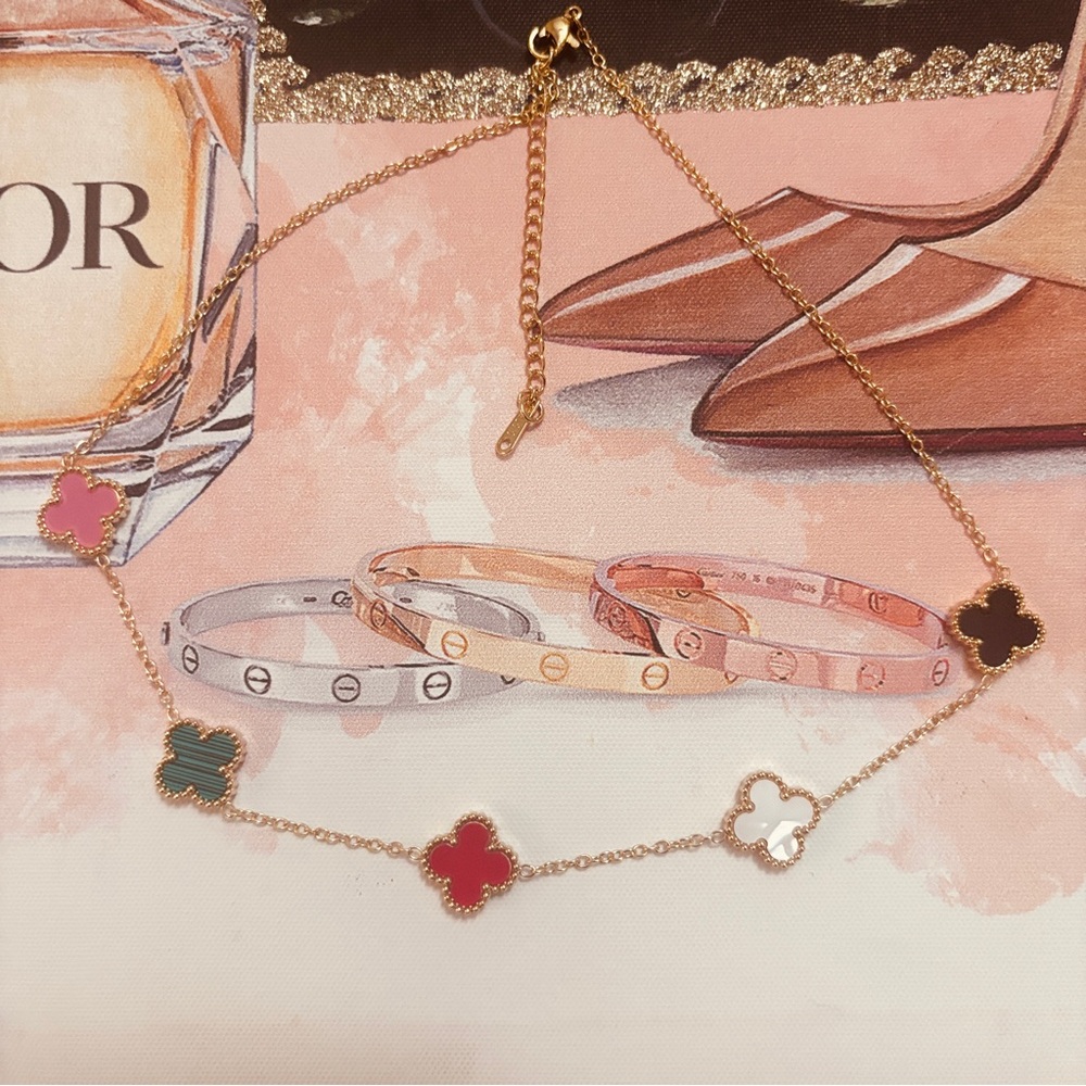 Gold Four-Leaf Clover Station Necklace with Multicolor Enamel Charms